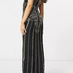 Vestito lungo decorato con spalline sottili, color oro e nero tg42