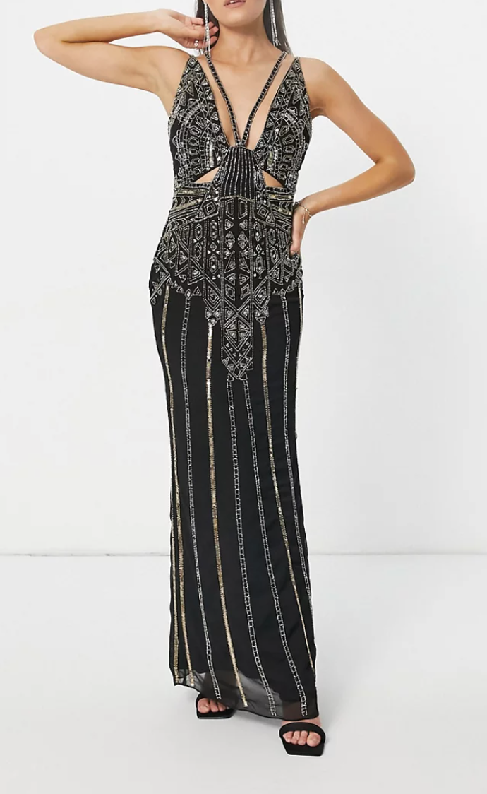 Vestito lungo decorato con spalline sottili, color oro e nero tg42