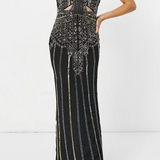 Vestito lungo decorato con spalline sottili, color oro e nero tg42