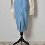 Gonna vintage longuette in  lino azzurro con spacco