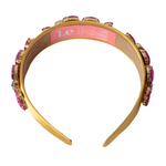 Cerchietto gioiello in raso oro con applicazioni fucsia/blu AURA