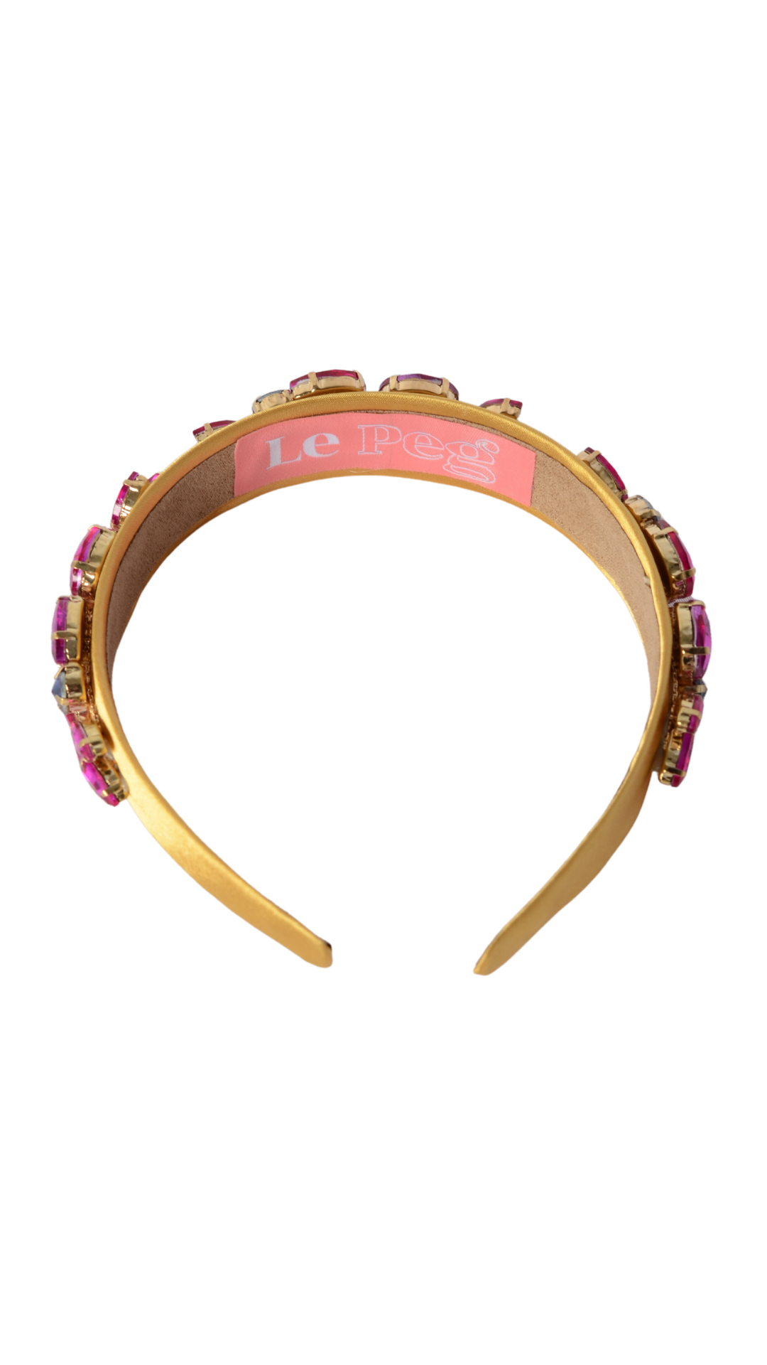Cerchietto gioiello in raso oro con applicazioni fucsia/blu AURA