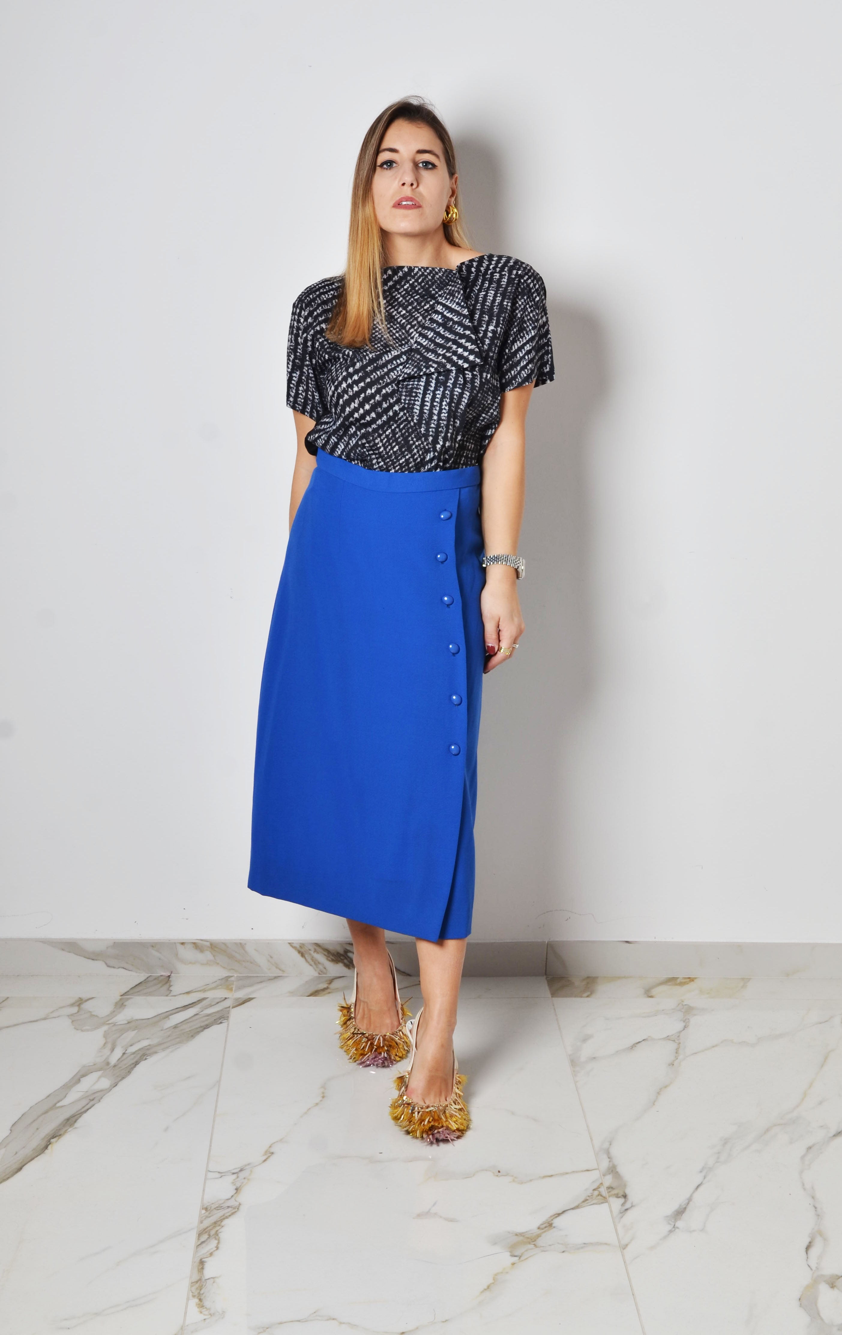 Gonna vintage longuette misto  lino blu con bottoni