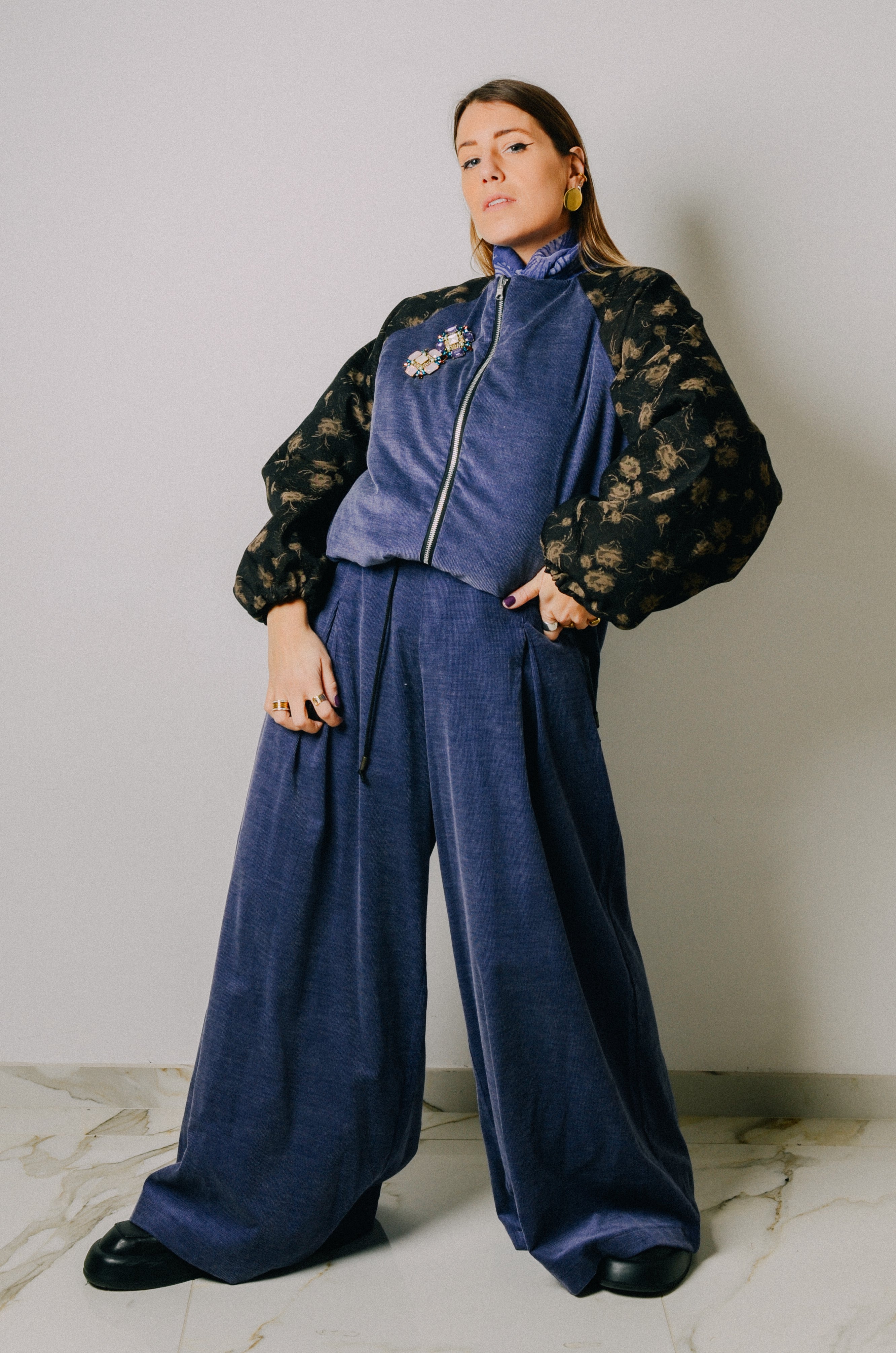 Bomber crop sartoriale imbottito viola e marrone- reversibile