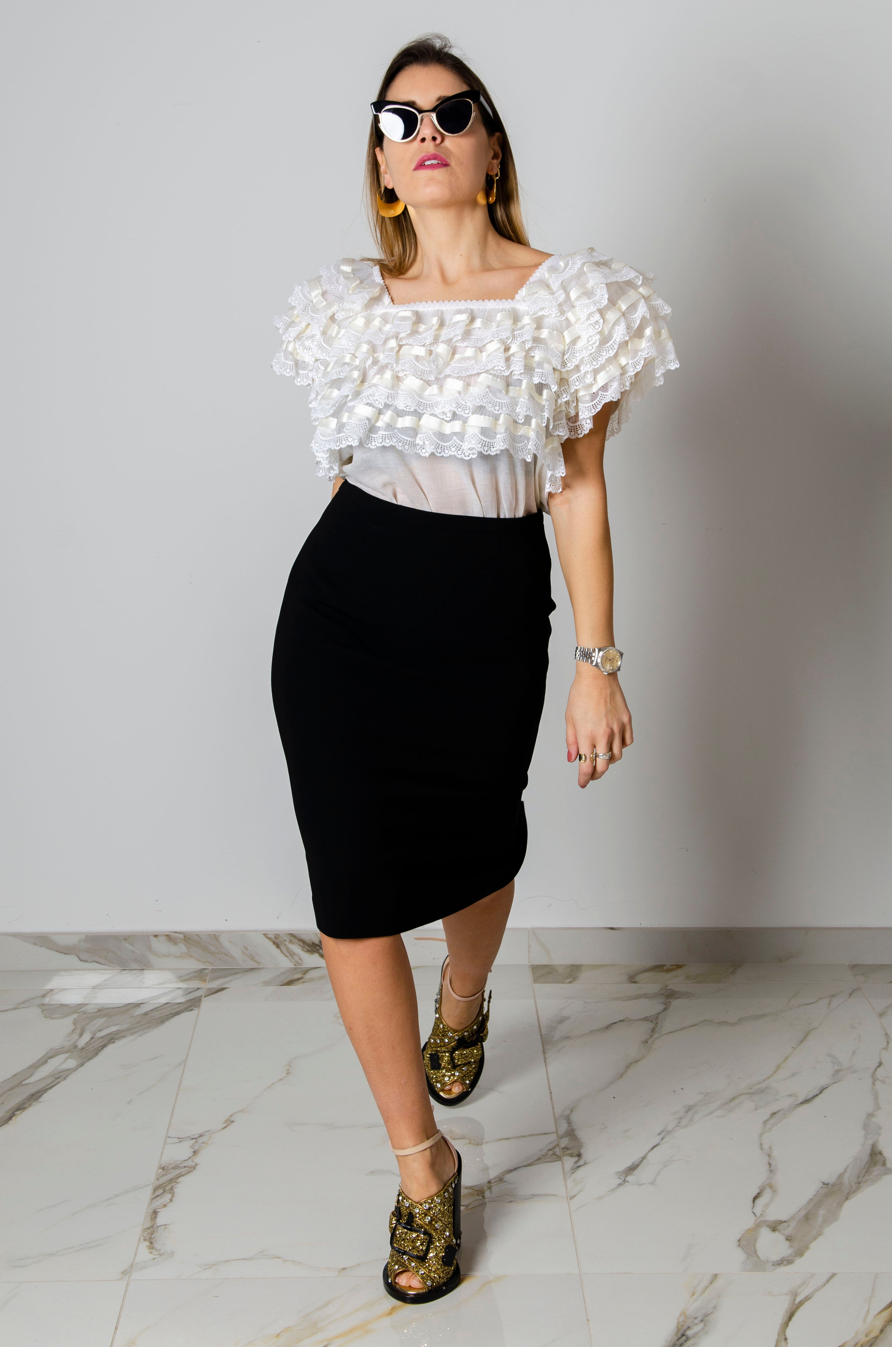 Camicetta vintage con balze di pizzo bianco -TG L