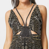 Vestito lungo decorato con spalline sottili, color oro e nero tg42