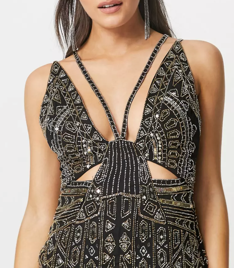 Vestito lungo decorato con spalline sottili, color oro e nero tg42
