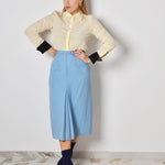 Gonna vintage longuette in  lino azzurro con spacco