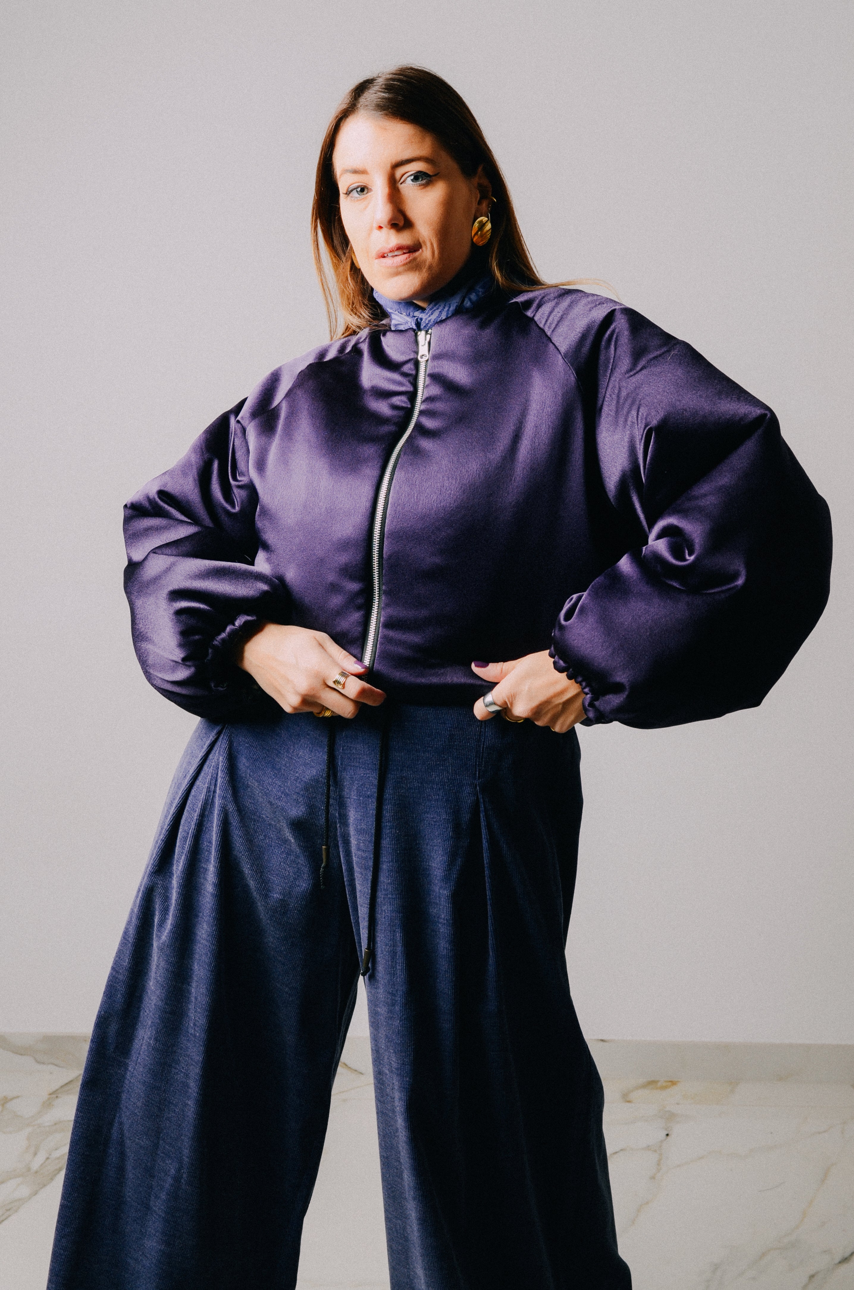 Bomber crop sartoriale imbottito viola e marrone- reversibile