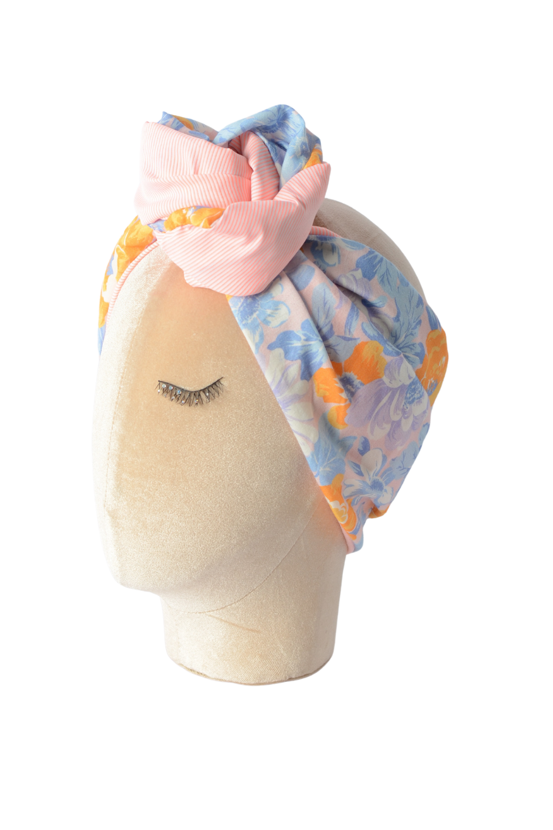 Fascia modellabile per capelli in cotone rosa a fiori e righe arancioni/bianche