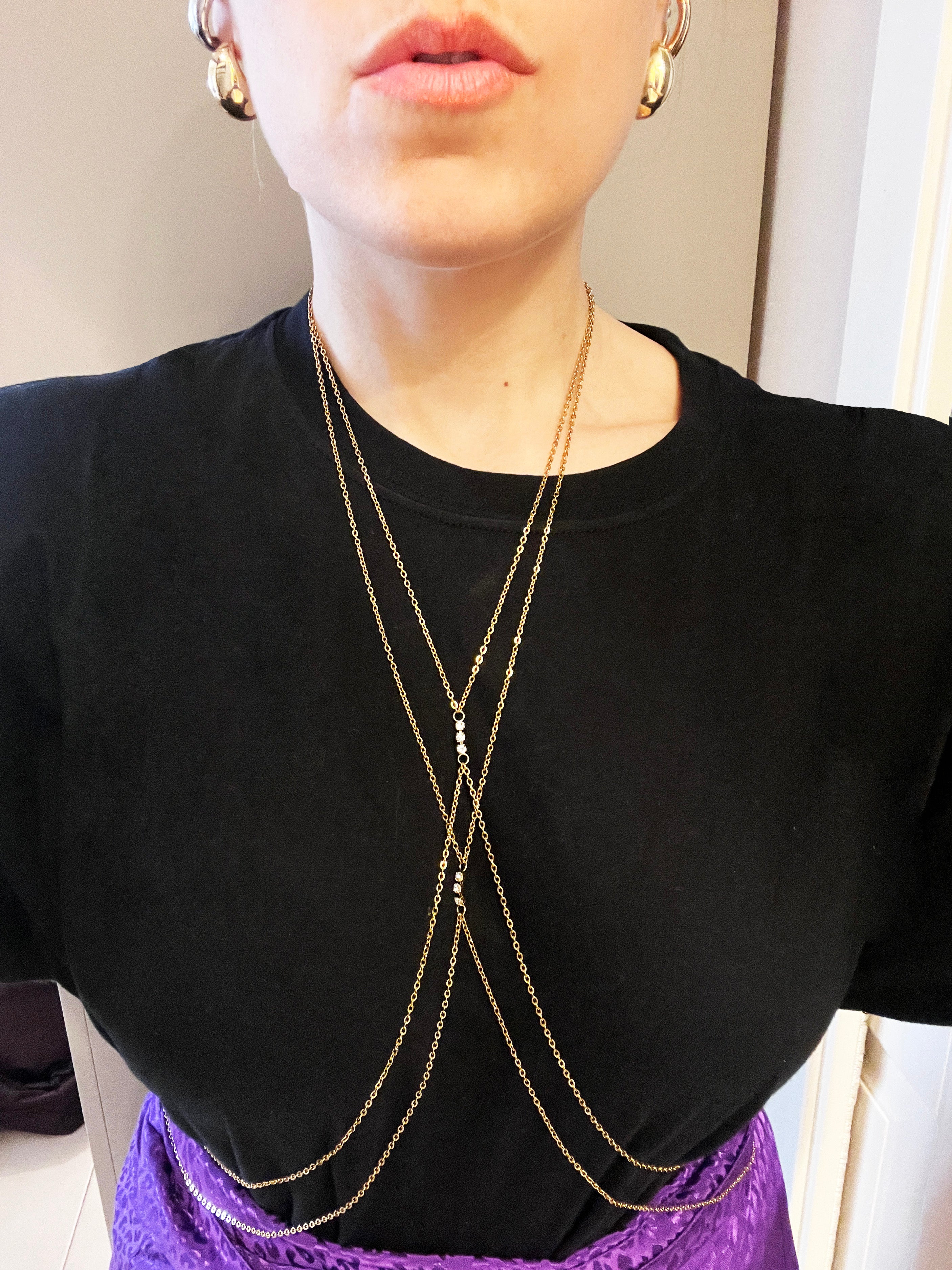 Collana corpo con catene incrociate e punti luce-in acciaio inossidabile oro