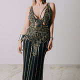 Vestito lungo decorato con spalline sottili, color oro e nero tg42