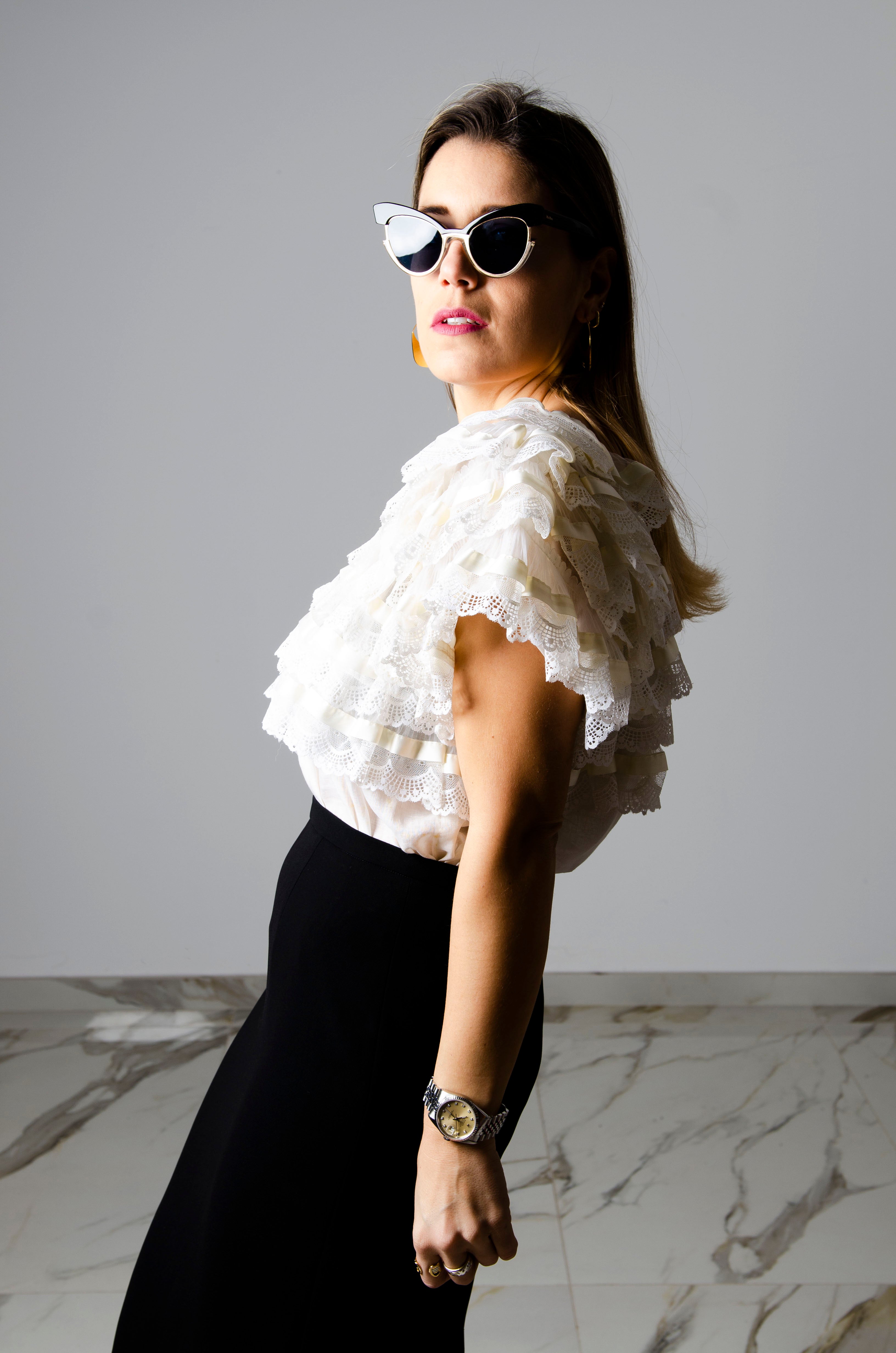 Camicetta vintage con balze di pizzo bianco -TG L