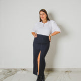 400 - ALMA Skirt – Gonna sartoriale blu con spacco centrale in lana gessata blu Tg 40