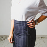 400 - ALMA Skirt – Gonna sartoriale blu con spacco centrale in lana gessata blu Tg 40