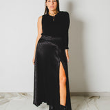 406 - CARMEN Skirt – Gonna Carmen – Gonna lunga in sateen nero animalier - con maxi spacco TG 42/44
