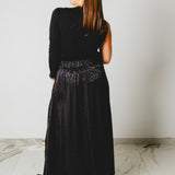 406 - CARMEN Skirt – Gonna Carmen – Gonna lunga in sateen nero animalier - con maxi spacco TG 42/44
