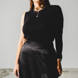 406 - CARMEN Skirt – Gonna Carmen – Gonna lunga in sateen nero animalier - con maxi spacco TG 42/44