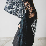 40 - Kimono GUSTAVO sartoriale lungo in Tulle e Ricamo Floreale Nero
