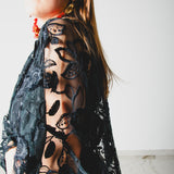 40 - Kimono GUSTAVO sartoriale lungo in Tulle e Ricamo Floreale Nero
