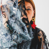 40 - Kimono GUSTAVO sartoriale lungo in Tulle e Ricamo Floreale Nero