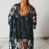 40 - Kimono GUSTAVO sartoriale lungo in Tulle e Ricamo Floreale Nero
