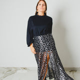 416 - CARMEN Skirt – Gonna Carmen animalier in pizzo e lurex animalier argento e spacco laterale – Tg 42/46 regolabile