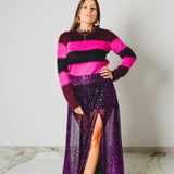 420 - CARMEN Skirt – Gonna Carmen in jersey trasparente animalier viola con spacco laterale – Tg 42 regolabile