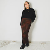 430 – ALMA SKIRT | Gonna in lana tartan marrone e arancio con spacco | Taglia 44