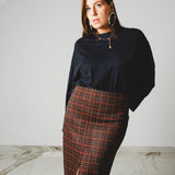 430 – ALMA SKIRT | Gonna in lana tartan marrone e arancio con spacco | Taglia 44