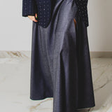 431 – CARMEN SKIRT | Gonna lunga a ruota in lana e seta blu con spacco effetto denim | Taglia 44–48