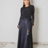 431 – CARMEN SKIRT | Gonna lunga a ruota in lana e seta blu con spacco effetto denim | Taglia 44–48