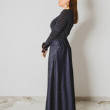 431 – CARMEN SKIRT | Gonna lunga a ruota in lana e seta blu con spacco effetto denim | Taglia 44–48