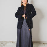 431 – CARMEN SKIRT | Gonna lunga a ruota in lana e seta blu con spacco effetto denim | Taglia 44–48