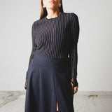 434 – CARMEN SKIRT | Gonna lunga blu gessata in lana vergine con spacco | Taglia 42–48