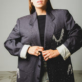 400 ARMANI double-breasted grey jacket with silver rhinestones in pure lightweight virgin wool with rhinestone illustration and colours - Size 50