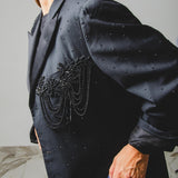 400 ARMANI double-breasted grey jacket with silver rhinestones in pure lightweight virgin wool with rhinestone illustration and colours - Size 50