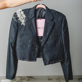 400 ARMANI double-breasted grey jacket with silver rhinestones in pure lightweight virgin wool with rhinestone illustration and colours - Size 50