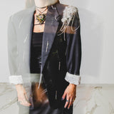 400 ARMANI double-breasted grey jacket with silver rhinestones in pure lightweight virgin wool with rhinestone illustration and colours - Size 50