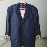 483 Giacca vintage blu, 3 bottoni in pura lana vergine con ricamo di fiori a mano - TG 54