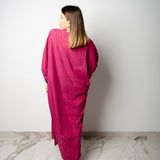 4 CAFTANO LORE - Caftano con scollo a V in cotone leggero rosa e viola con dettagli in denim