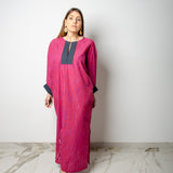 4 CAFTANO LORE - Caftano con scollo a V in cotone leggero rosa e viola con dettagli in denim
