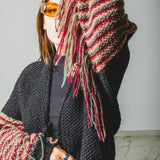 CARDIGAN CORTO CON FRANGE MULTICOLORE PESCA-BORDEAUX-VERDE - HANDMADE