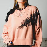 4 - Felpa Vintage Upcycling color salmone con applicazioni in pizzo nero TG M– Pezzo Unico