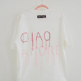 4 - TSHIRT IN COTONE SPESSO CON RICAMO E FRANGE "CIAO AMORE"  ROSSO + ROSA TG L - OVERSIZE