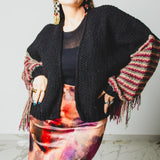 CARDIGAN CORTO CON FRANGE MULTICOLORE PESCA-BORDEAUX-VERDE - HANDMADE