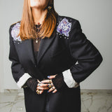 537  Giacca in lana pesante nera 3 bottoni con dipinti a mano e strass - tg 50