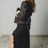 552 Giacca marrone a righe in lana con laccini crop e tagli a vivo tg 50