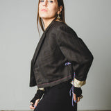 552 Giacca marrone a righe in lana con laccini crop e tagli a vivo tg 50