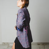 556 Giacca blu in lana a quadri con laccini e ricami a mano tg 48